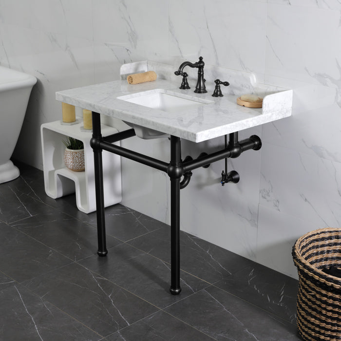 Kingston Heirloom LMS3630MBSQ0 - Pemberton 36-Inch Carrara Marble Console Sink with Brass Legs (8-Inch, 3-Hole), Carrara Marble White/Matte Black