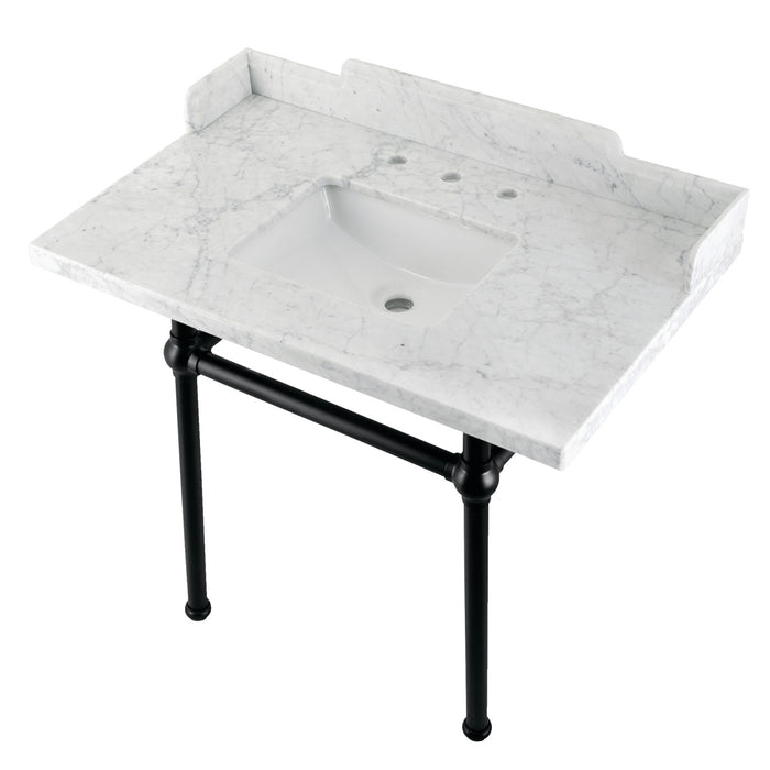 Kingston Heirloom LMS3630MBSQ0 - Pemberton 36-Inch Carrara Marble Console Sink with Brass Legs (8-Inch, 3-Hole), Carrara Marble White/Matte Black
