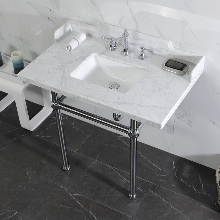 Kingston Heirloom LMS3630MBSQ1 - Pemberton 36-Inch Carrara Marble Console Sink with Brass Legs (8-Inch, 3-Hole), Carrara Marble White/Polished Chrome