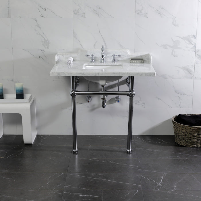 Kingston Heirloom LMS3630MBSQ1 - Pemberton 36-Inch Carrara Marble Console Sink with Brass Legs (8-Inch, 3-Hole), Carrara Marble White/Polished Chrome
