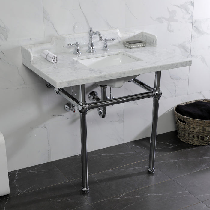 Kingston Heirloom LMS3630MBSQ1 - Pemberton 36-Inch Carrara Marble Console Sink with Brass Legs (8-Inch, 3-Hole), Carrara Marble White/Polished Chrome