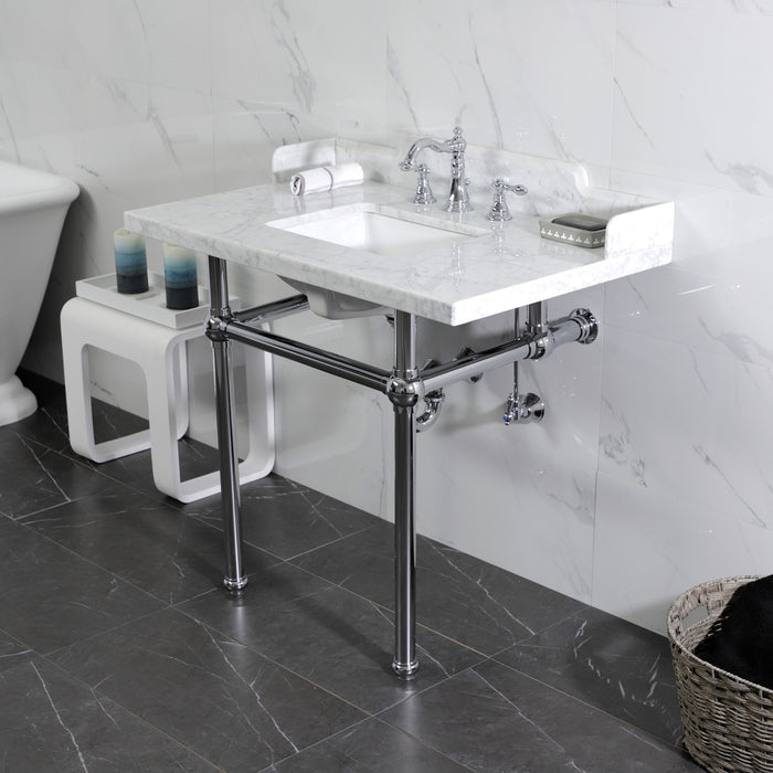 Kingston Heirloom LMS3630MBSQ1 - Pemberton 36-Inch Carrara Marble Console Sink with Brass Legs (8-Inch, 3-Hole), Carrara Marble White/Polished Chrome