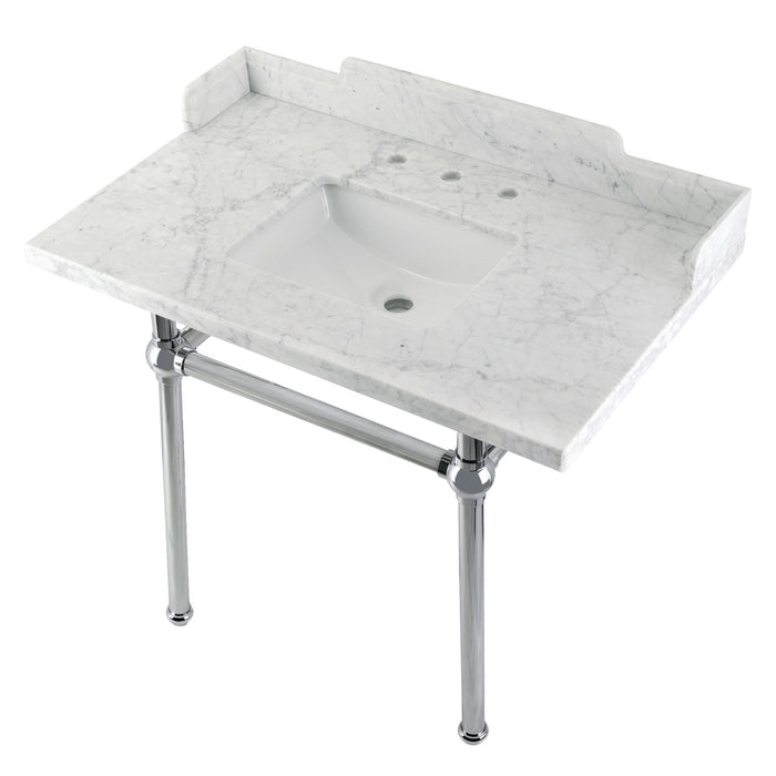 Kingston Heirloom LMS3630MBSQ1 - Pemberton 36-Inch Carrara Marble Console Sink with Brass Legs (8-Inch, 3-Hole), Carrara Marble White/Polished Chrome