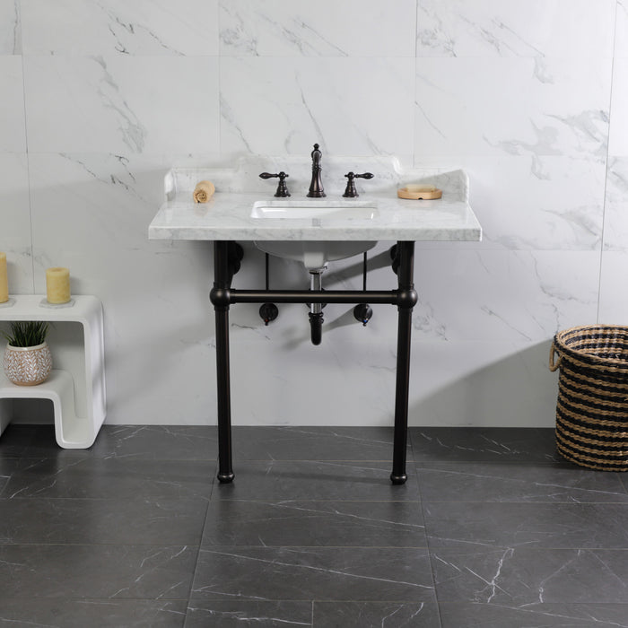 Kingston Heirloom LMS3630MBSQ5 - Pemberton 36-Inch Carrara Marble Console Sink with Brass Legs (8-Inch, 3-Hole), Carrara Marble White/Oil Rubbed Bronze