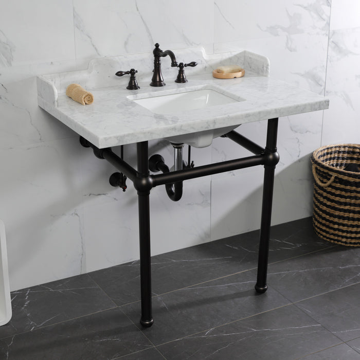 Kingston Heirloom LMS3630MBSQ5 - Pemberton 36-Inch Carrara Marble Console Sink with Brass Legs (8-Inch, 3-Hole), Carrara Marble White/Oil Rubbed Bronze