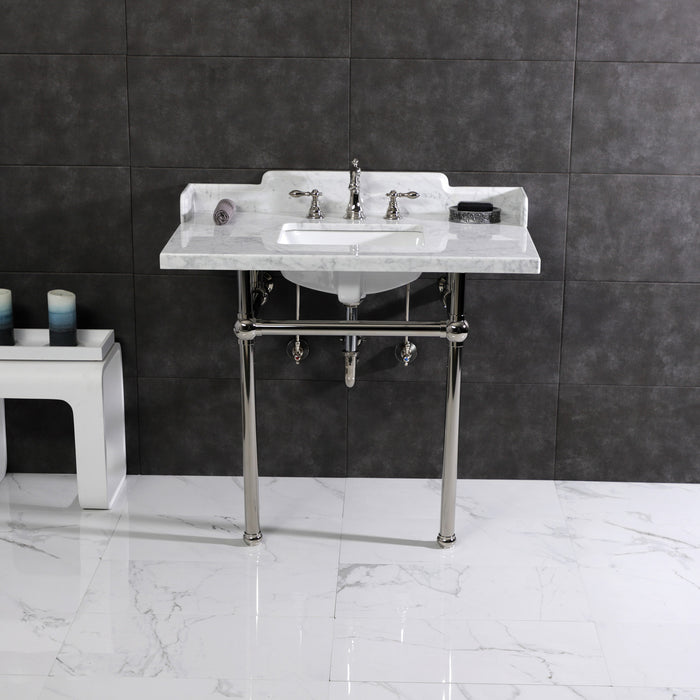 Kingston Heirloom LMS3630MBSQ6 - Pemberton 36-Inch Carrara Marble Console Sink with Brass Legs (8-Inch, 3-Hole), Carrara Marble White/Polished Nickel