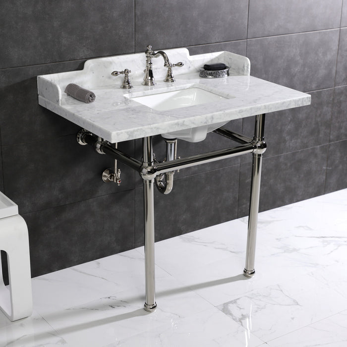 Kingston Heirloom LMS3630MBSQ6 - Pemberton 36-Inch Carrara Marble Console Sink with Brass Legs (8-Inch, 3-Hole), Carrara Marble White/Polished Nickel