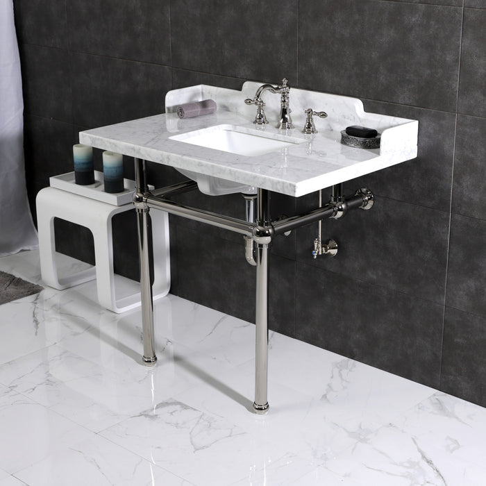 Kingston Heirloom LMS3630MBSQ6 - Pemberton 36-Inch Carrara Marble Console Sink with Brass Legs (8-Inch, 3-Hole), Carrara Marble White/Polished Nickel