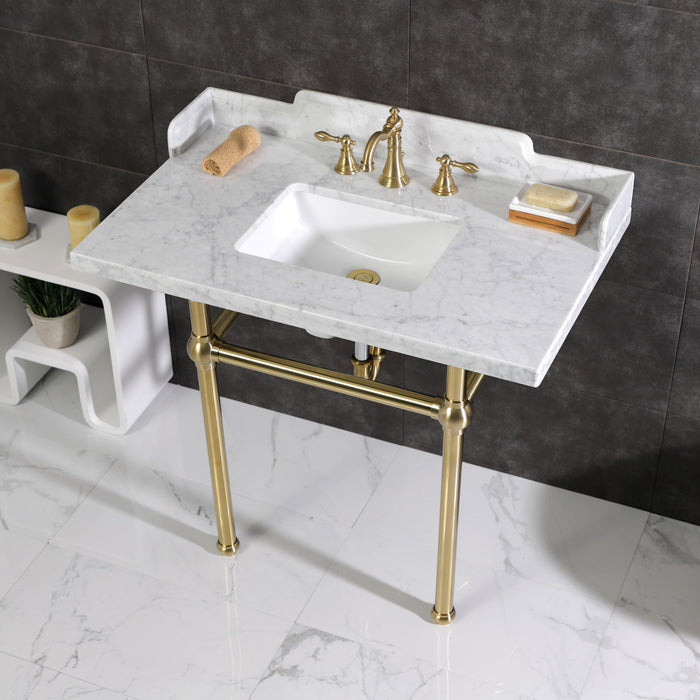 Kingston Heirloom LMS3630MBSQ7 - Pemberton 36-Inch Carrara Marble Console Sink with Brass Legs (8-Inch, 3-Hole), Carrara Marble White/Brushed Brass