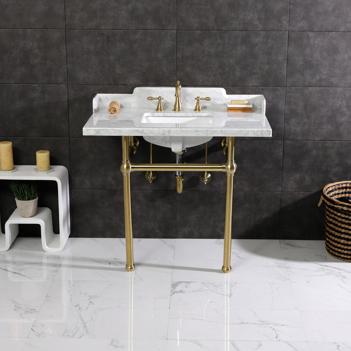Kingston Heirloom LMS3630MBSQ7 - Pemberton 36-Inch Carrara Marble Console Sink with Brass Legs (8-Inch, 3-Hole), Carrara Marble White/Brushed Brass