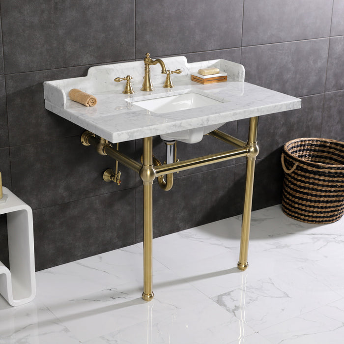 Kingston Heirloom LMS3630MBSQ7 - Pemberton 36-Inch Carrara Marble Console Sink with Brass Legs (8-Inch, 3-Hole), Carrara Marble White/Brushed Brass