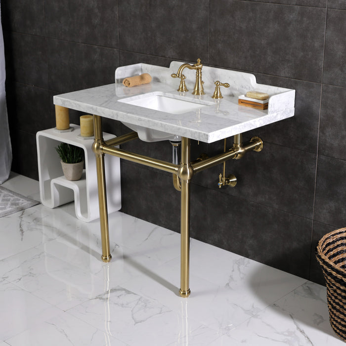 Kingston Heirloom LMS3630MBSQ7 - Pemberton 36-Inch Carrara Marble Console Sink with Brass Legs (8-Inch, 3-Hole), Carrara Marble White/Brushed Brass