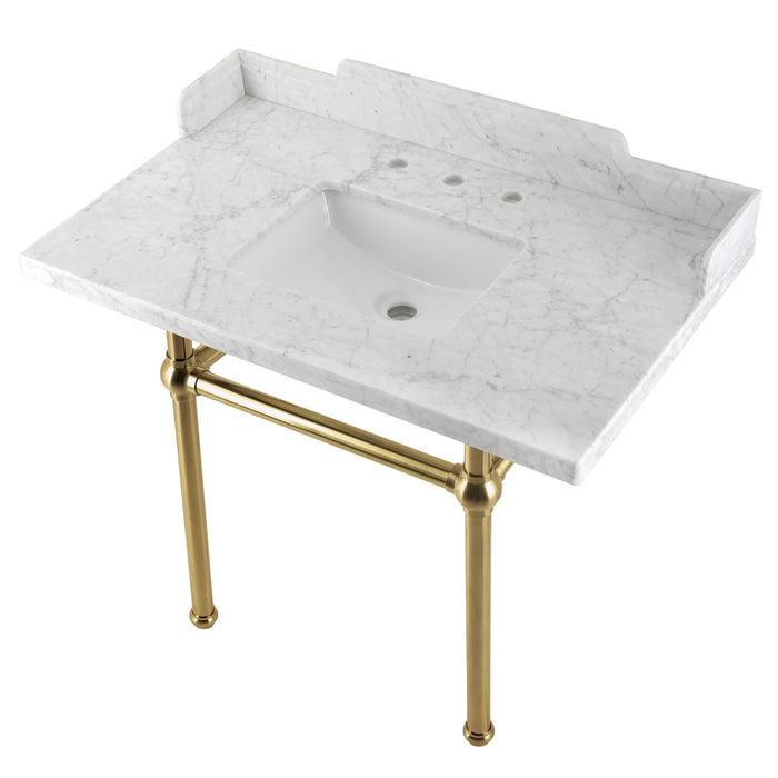 Kingston Heirloom LMS3630MBSQ7 - Pemberton 36-Inch Carrara Marble Console Sink with Brass Legs (8-Inch, 3-Hole), Carrara Marble White/Brushed Brass