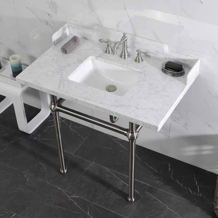 Kingston Heirloom LMS3630MBSQ8 - Pemberton 36-Inch Carrara Marble Console Sink with Brass Legs (8-Inch, 3-Hole), Carrara Marble White/Brushed Nickel