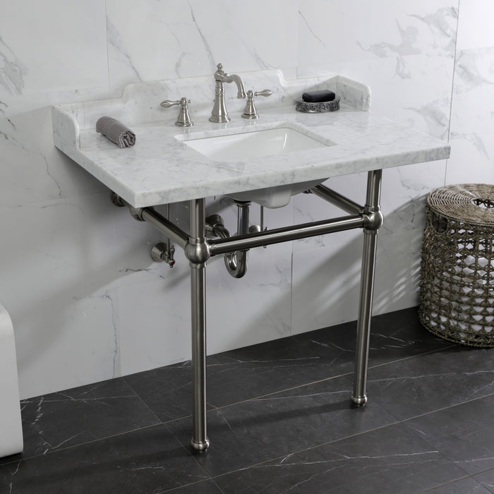Kingston Heirloom LMS3630MBSQ8 - Pemberton 36-Inch Carrara Marble Console Sink with Brass Legs (8-Inch, 3-Hole), Carrara Marble White/Brushed Nickel