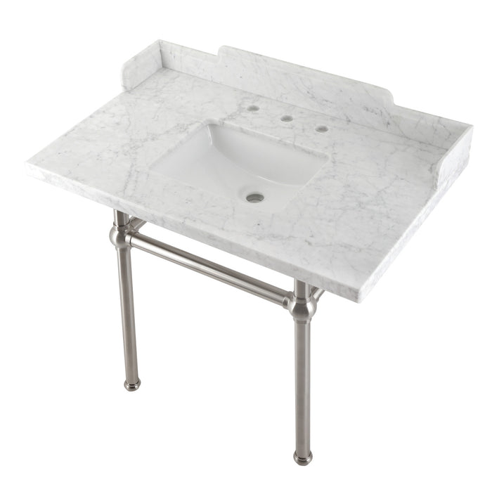 Kingston Heirloom LMS3630MBSQ8 - Pemberton 36-Inch Carrara Marble Console Sink with Brass Legs (8-Inch, 3-Hole), Carrara Marble White/Brushed Nickel
