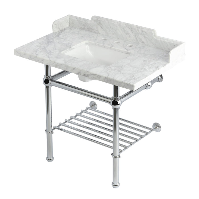 Kingston Heirloom LMS3630MBSQB1 - Pemberton 36-Inch Carrara Marble Console Sink with Brass Legs and Shelf (8-Inch, 3-Hole), Carrara Marble White/Polished Chrome