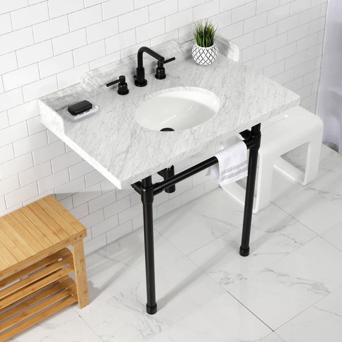Dreyden LMS36M80ST 36-Inch Carrara Marble Console Sink with Stainless Steel Legs (8-Inch, 3-Hole), Carrara Marble White/Matte Black