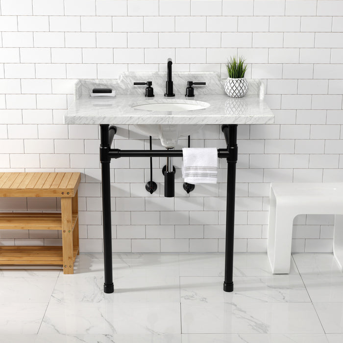 Dreyden LMS36M80ST 36-Inch Carrara Marble Console Sink with Stainless Steel Legs (8-Inch, 3-Hole), Carrara Marble White/Matte Black