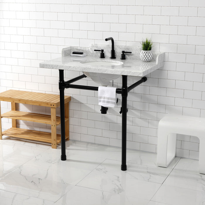 Dreyden LMS36M80ST 36-Inch Carrara Marble Console Sink with Stainless Steel Legs (8-Inch, 3-Hole), Carrara Marble White/Matte Black