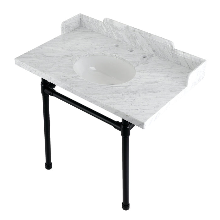 Dreyden LMS36M80ST 36-Inch Carrara Marble Console Sink with Stainless Steel Legs (8-Inch, 3-Hole), Carrara Marble White/Matte Black