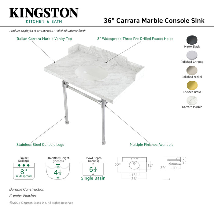 Dreyden LMS36M81ST 36-Inch Carrara Marble Console Sink with Stainless Steel Legs (8-Inch, 3-Hole), Carrara Marble White/Polished Chrome