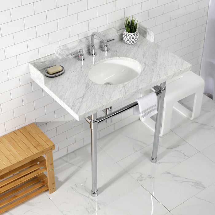 Dreyden LMS36M81ST 36-Inch Carrara Marble Console Sink with Stainless Steel Legs (8-Inch, 3-Hole), Carrara Marble White/Polished Chrome