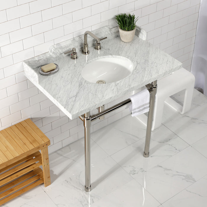 Dreyden LMS36M86ST 36-Inch Carrara Marble Console Sink with Stainless Steel Legs (8-Inch, 3-Hole), Carrara Marble White/Polished Nickel