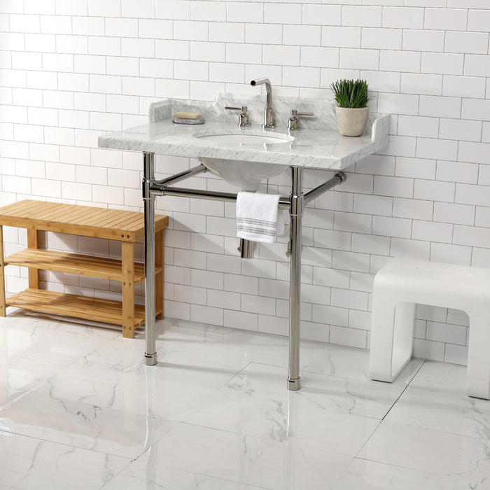 Dreyden LMS36M86ST 36-Inch Carrara Marble Console Sink with Stainless Steel Legs (8-Inch, 3-Hole), Carrara Marble White/Polished Nickel