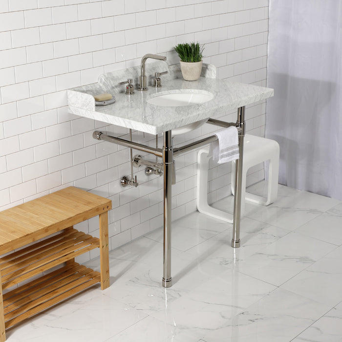 Dreyden LMS36M86ST 36-Inch Carrara Marble Console Sink with Stainless Steel Legs (8-Inch, 3-Hole), Carrara Marble White/Polished Nickel
