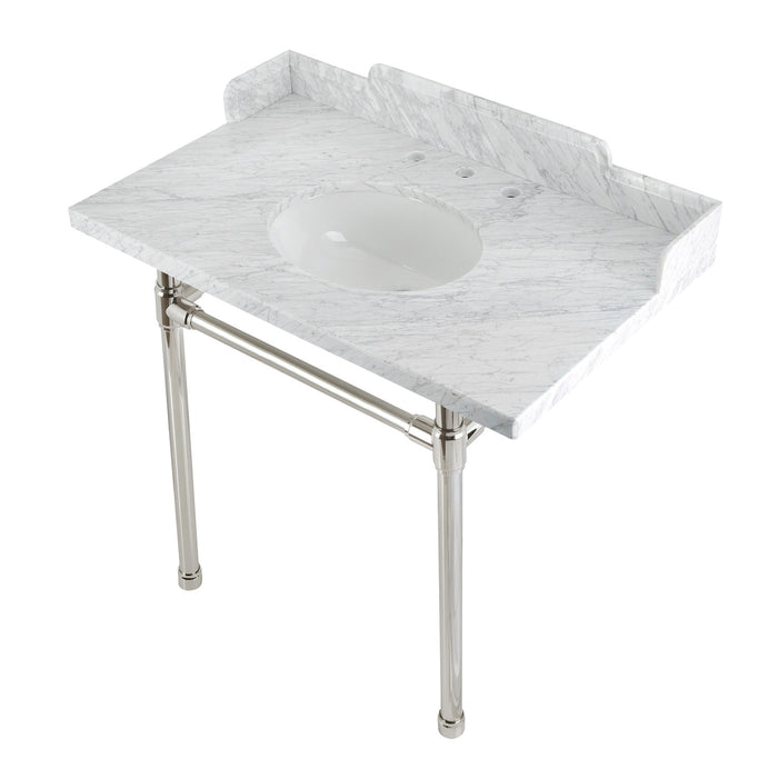 Dreyden LMS36M86ST 36-Inch Carrara Marble Console Sink with Stainless Steel Legs (8-Inch, 3-Hole), Carrara Marble White/Polished Nickel