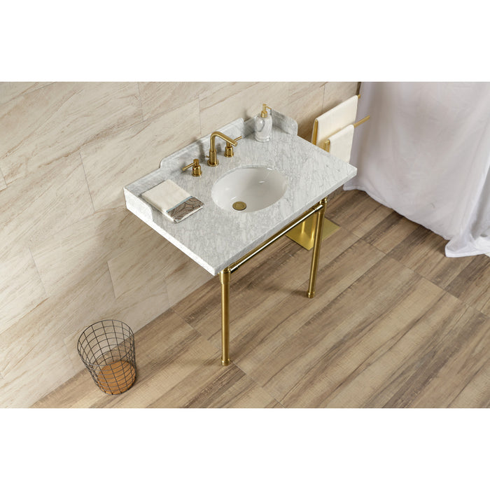 Kingston Tulare LMS36M87ST - Dreyden 36-Inch Carrara Marble Console Sink with Stainless Steel Legs (8-Inch, 3-Hole), Carrara Marble White/Brushed Brass