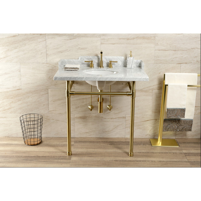 Kingston Tulare LMS36M87ST - Dreyden 36-Inch Carrara Marble Console Sink with Stainless Steel Legs (8-Inch, 3-Hole), Carrara Marble White/Brushed Brass