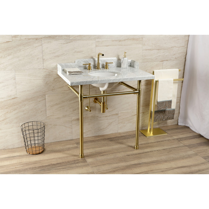 Kingston Tulare LMS36M87ST - Dreyden 36-Inch Carrara Marble Console Sink with Stainless Steel Legs (8-Inch, 3-Hole), Carrara Marble White/Brushed Brass