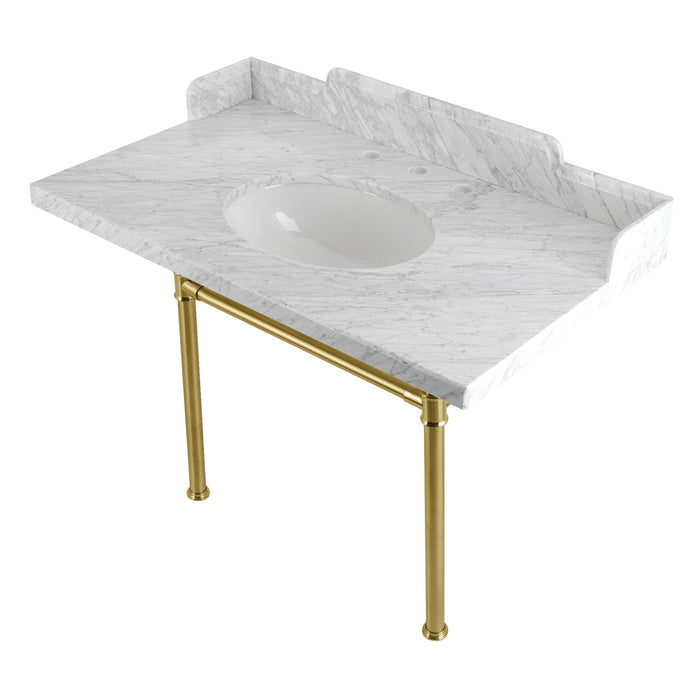 Kingston Tulare LMS36M87ST - Dreyden 36-Inch Carrara Marble Console Sink with Stainless Steel Legs (8-Inch, 3-Hole), Carrara Marble White/Brushed Brass