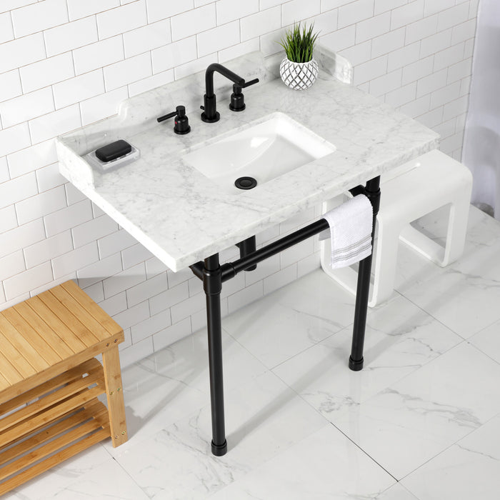 Kingston Tulare LMS36M8SQ0ST - Dreyden 36-Inch Carrara Marble Console Sink with Stainless Steel Legs (8-Inch, 3-Hole), Carrara Marble White/Matte Black