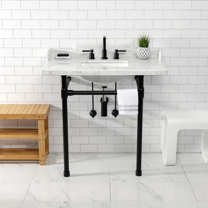 Kingston Tulare LMS36M8SQ0ST - Dreyden 36-Inch Carrara Marble Console Sink with Stainless Steel Legs (8-Inch, 3-Hole), Carrara Marble White/Matte Black