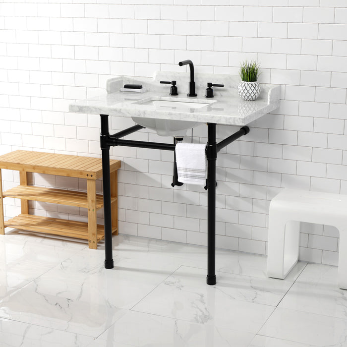 Kingston Tulare LMS36M8SQ0ST - Dreyden 36-Inch Carrara Marble Console Sink with Stainless Steel Legs (8-Inch, 3-Hole), Carrara Marble White/Matte Black