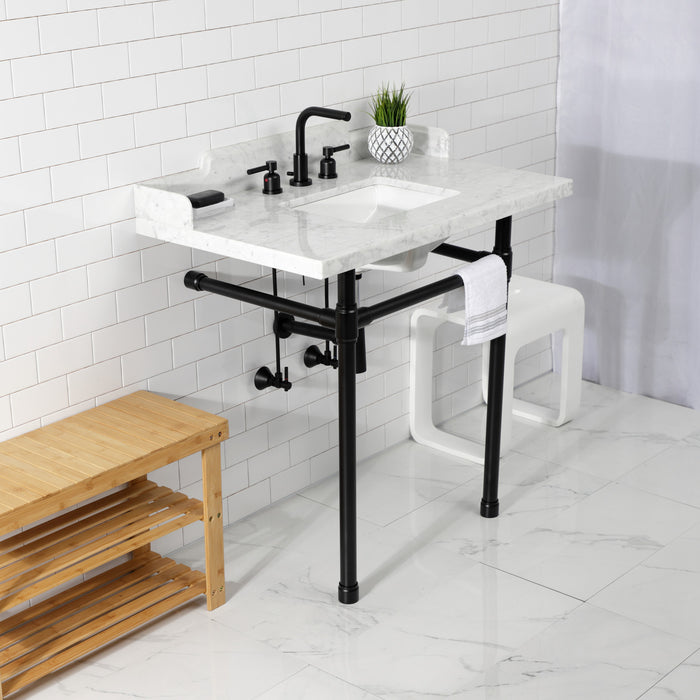 Kingston Tulare LMS36M8SQ0ST - Dreyden 36-Inch Carrara Marble Console Sink with Stainless Steel Legs (8-Inch, 3-Hole), Carrara Marble White/Matte Black