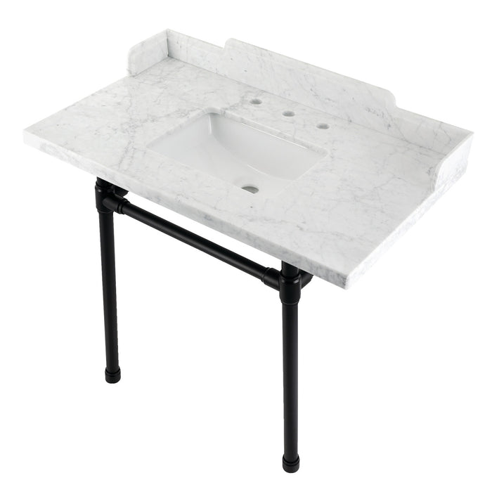 Kingston Tulare LMS36M8SQ0ST - Dreyden 36-Inch Carrara Marble Console Sink with Stainless Steel Legs (8-Inch, 3-Hole), Carrara Marble White/Matte Black