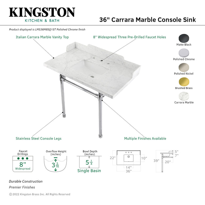 Kingston Tulare LMS36M8SQ1ST - Dreyden 36-Inch Carrara Marble Console Sink with Stainless Steel Legs (8-Inch, 3-Hole), Carrara Marble White/Polished Chrome