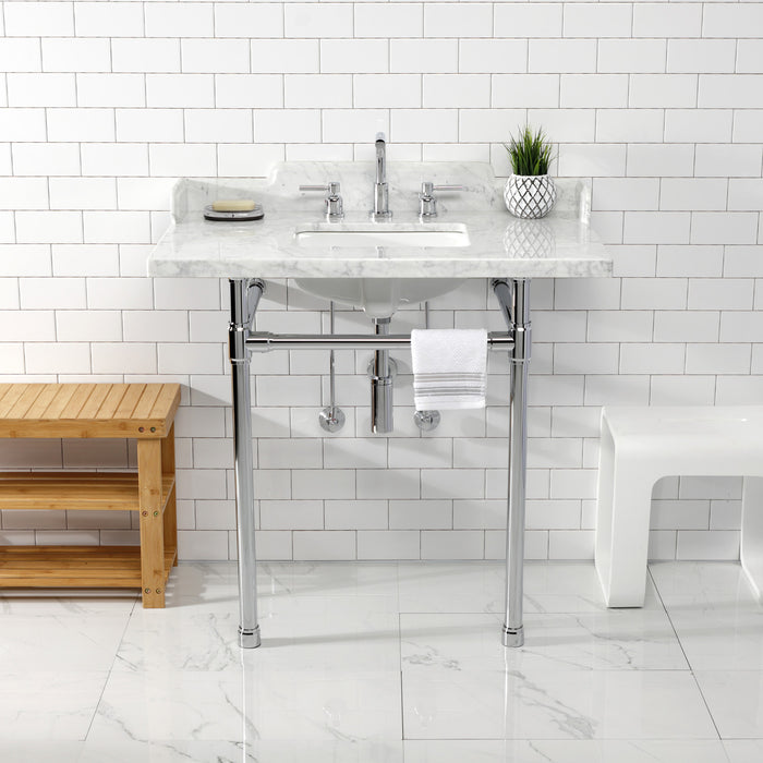 Kingston Tulare LMS36M8SQ1ST - Dreyden 36-Inch Carrara Marble Console Sink with Stainless Steel Legs (8-Inch, 3-Hole), Carrara Marble White/Polished Chrome