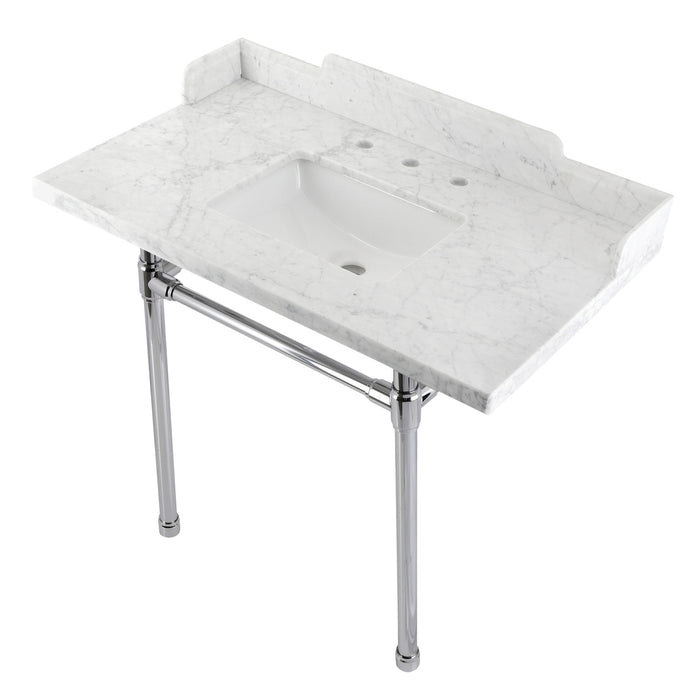 Kingston Tulare LMS36M8SQ1ST - Dreyden 36-Inch Carrara Marble Console Sink with Stainless Steel Legs (8-Inch, 3-Hole), Carrara Marble White/Polished Chrome