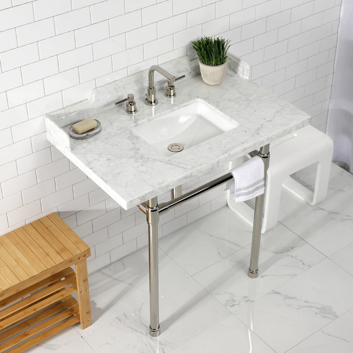 Kingston Tulare LMS36M8SQ6ST - Dreyden 36-Inch Carrara Marble Console Sink with Stainless Steel Legs (8-Inch, 3-Hole), Carrara Marble White/Polished Nickel