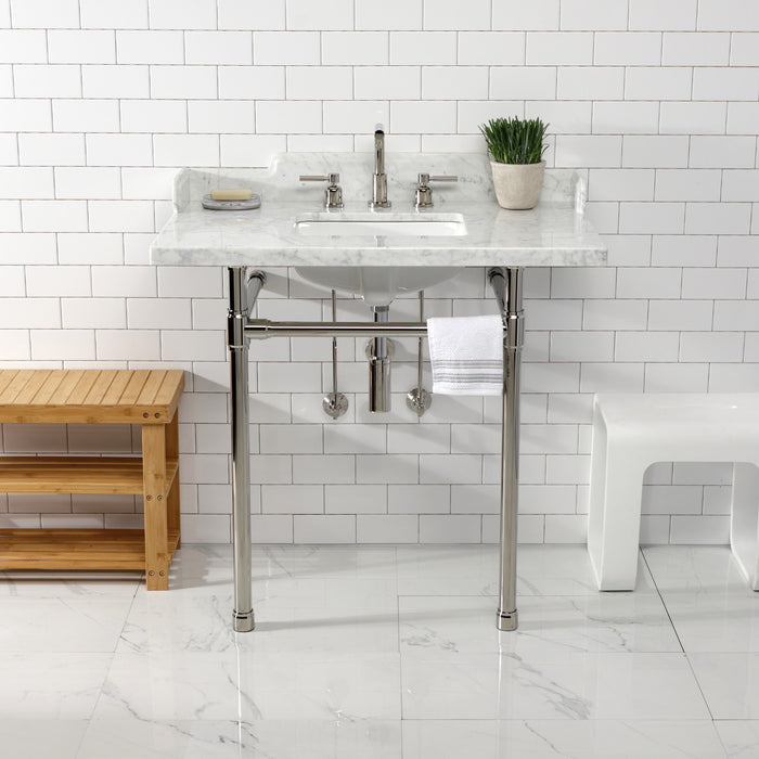 Kingston Tulare LMS36M8SQ6ST - Dreyden 36-Inch Carrara Marble Console Sink with Stainless Steel Legs (8-Inch, 3-Hole), Carrara Marble White/Polished Nickel