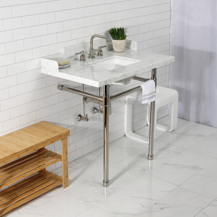 Kingston Tulare LMS36M8SQ6ST - Dreyden 36-Inch Carrara Marble Console Sink with Stainless Steel Legs (8-Inch, 3-Hole), Carrara Marble White/Polished Nickel