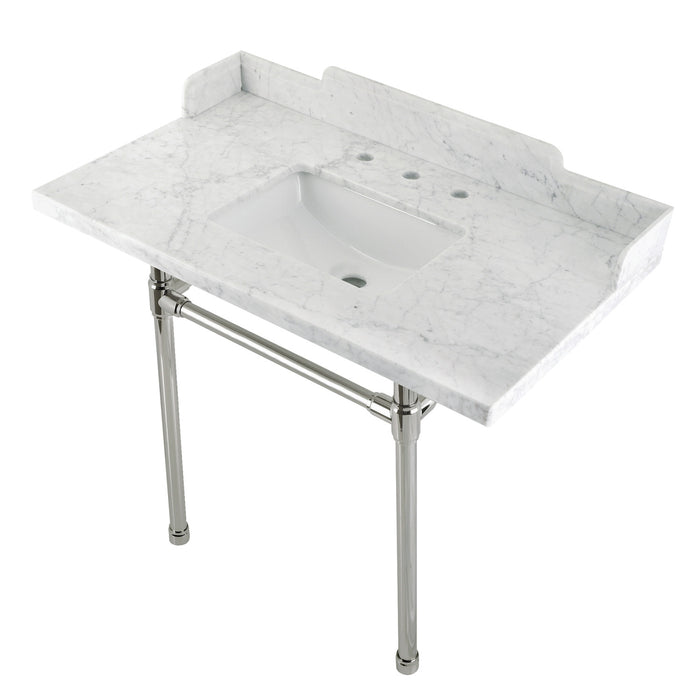 Kingston Tulare LMS36M8SQ6ST - Dreyden 36-Inch Carrara Marble Console Sink with Stainless Steel Legs (8-Inch, 3-Hole), Carrara Marble White/Polished Nickel
