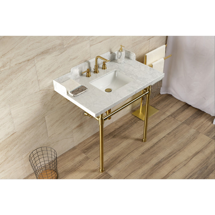 Kingston Tulare LMS36M8SQ7ST - Dreyden 36-Inch Carrara Marble Console Sink with Stainless Steel Legs (8-Inch, 3-Hole), Carrara Marble White/Brushed Brass