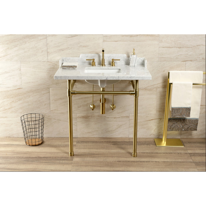 Kingston Tulare LMS36M8SQ7ST - Dreyden 36-Inch Carrara Marble Console Sink with Stainless Steel Legs (8-Inch, 3-Hole), Carrara Marble White/Brushed Brass