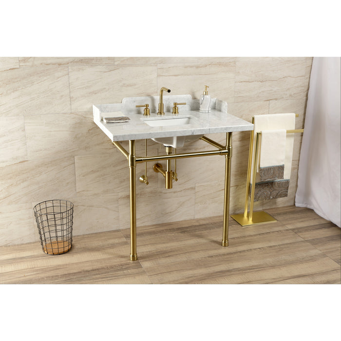 Kingston Tulare LMS36M8SQ7ST - Dreyden 36-Inch Carrara Marble Console Sink with Stainless Steel Legs (8-Inch, 3-Hole), Carrara Marble White/Brushed Brass
